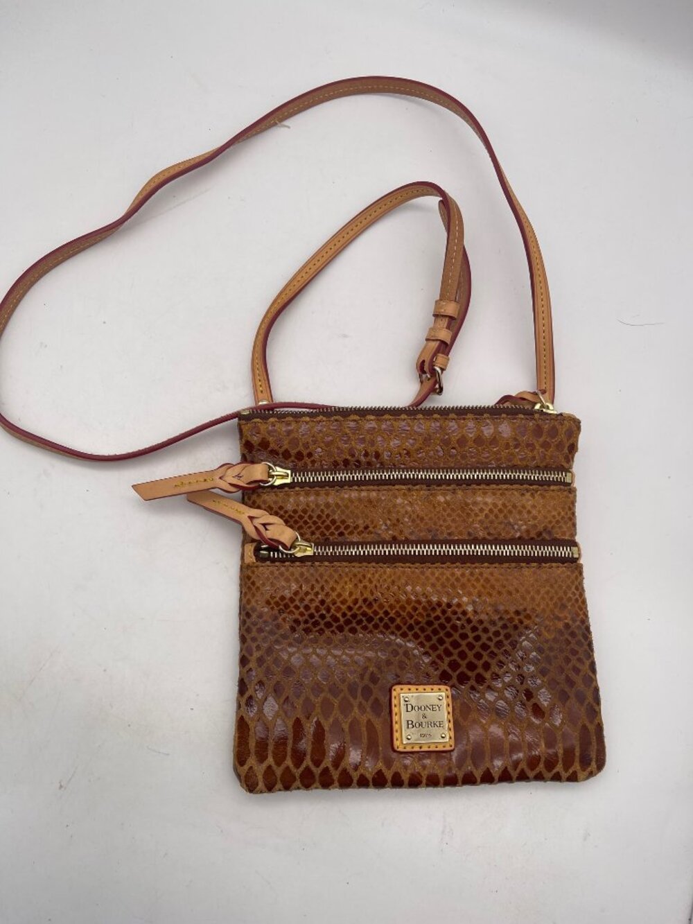 Dooney & Bourke Brown Leather Snakeskin Crossbody Bag Embossed 3 Zip Purse